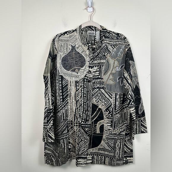 Chicos Vintage Silk Blend Size Large Embroidered Fish Tunic Blouse Jacket EUC - Picture 1 of 7